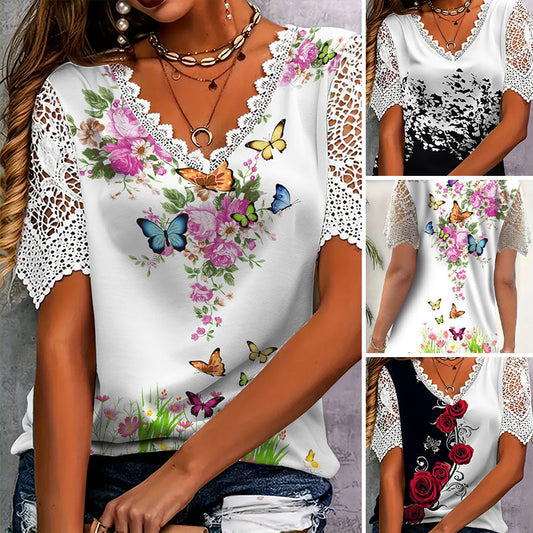 【S-4XL】👚Дантела с принт и къси ръкави