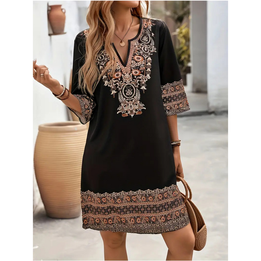 🌸Рокля с V-образно деколте и бохемски принт