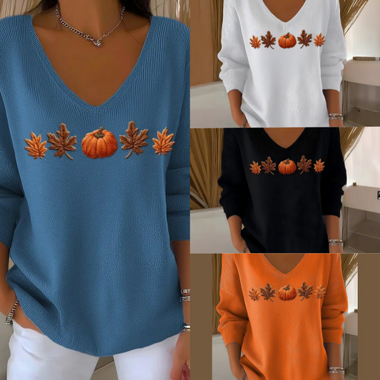 🌟Блуза с V-образно деколте с бродерия от тиква и листа