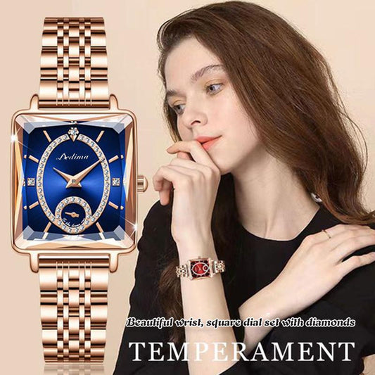 💎Моден квадратен дамски часовник от розово злато с диаманти⌚