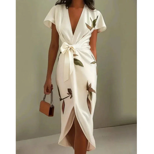 ✨Елегантна щампована рокля с V-образно деколте и колан