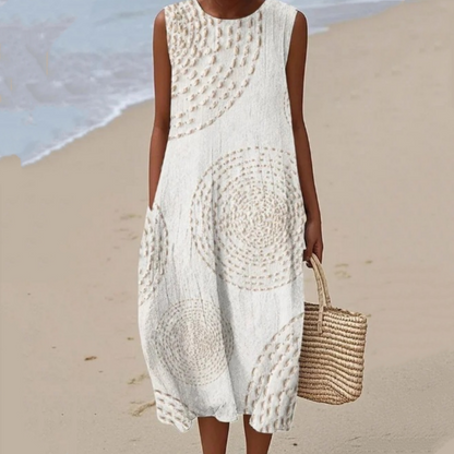 🔥✨Жените модерен печат кръг врата без ръкави рокля