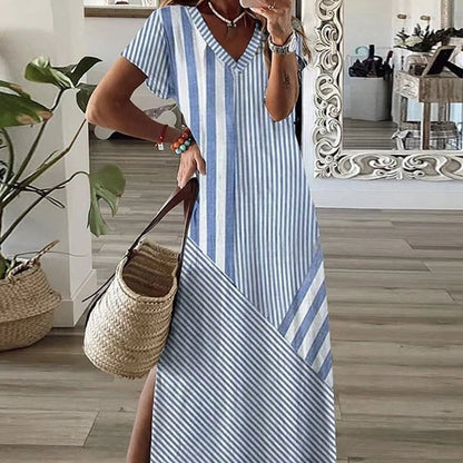 ✨Дамска раирана рокля с V-образно деколте и разрез👗