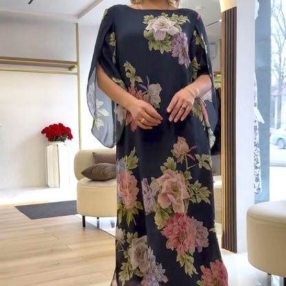 ✨Женски елегантен екипаж врата отпечатани дълга рокля