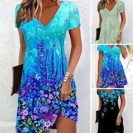 🔥Женски флорален печат A-линия мини рокля👗