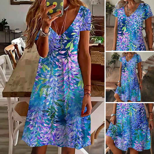 👗 【S-4XL】Стилна печатна рокля с къс ръкав за жени