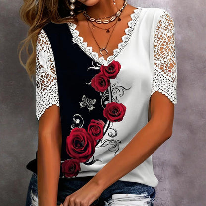 【S-4XL】👚Дантела с принт и къси ръкави