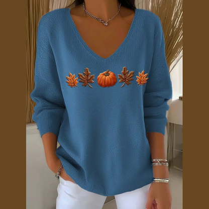 🌟Блуза с V-образно деколте с бродерия от тиква и листа