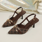 👠Дамски обувки с висок ток, заострена предна част и отворена задна част, с метална верижка