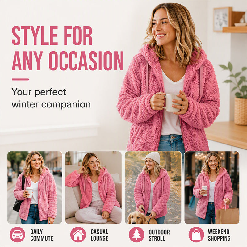 ⏳LAST DAY SALE £19.99!!💥Women's Hooded Zip-Up Fuzzy Jacket