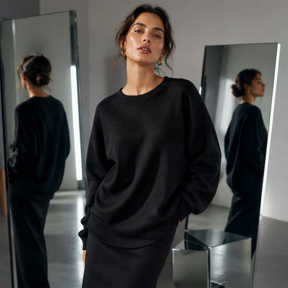 🧇 Textured Look, Relaxed Fit | Women's Waffle-Knit Loose-Fit Sweatshirt