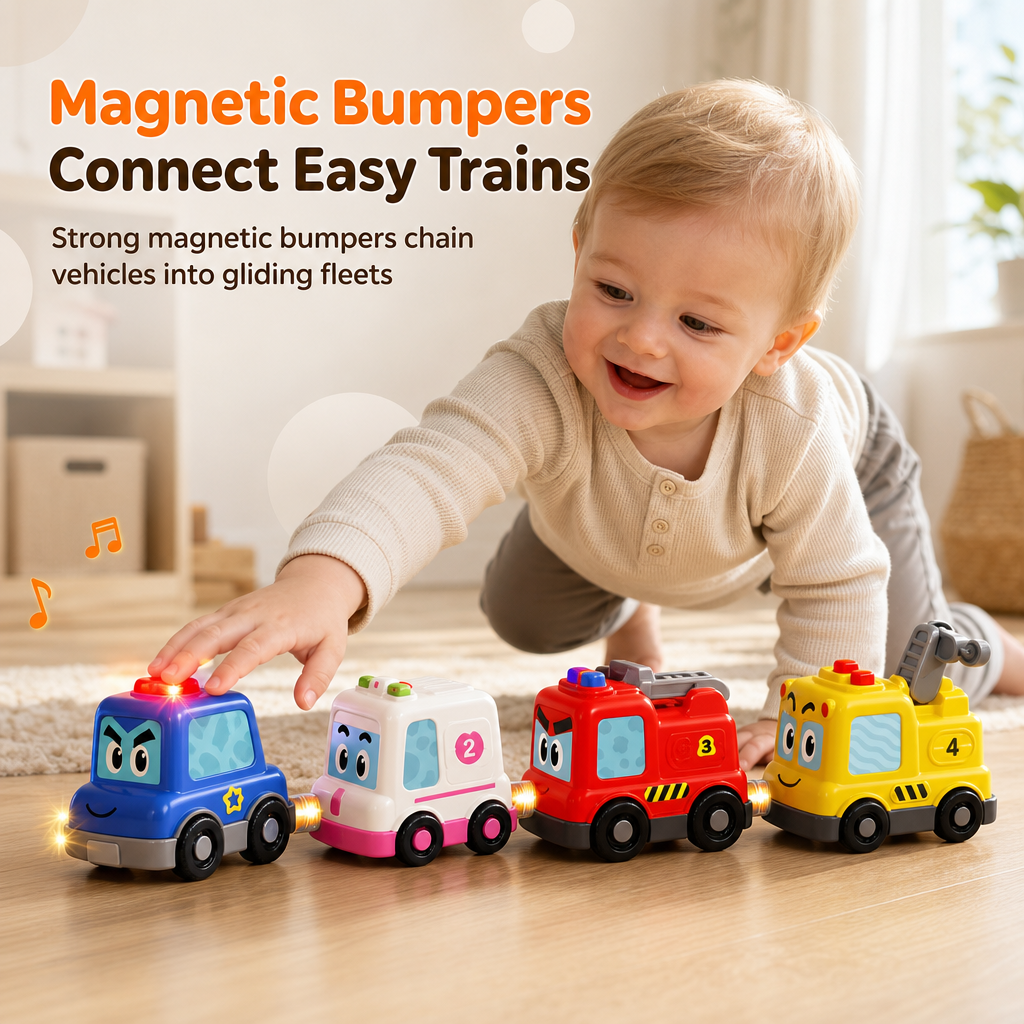 🚂 Magnetic Crawling Toy Train: Interactive Sounds & Lights, Nesting Slots, Textured Wheels