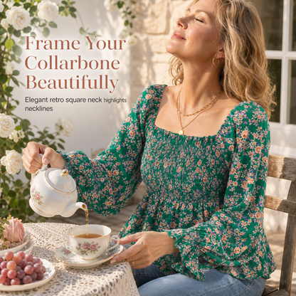 Women's Casual Square Neck Flare Sleeve Floral Print Chiffon Blouse Holiday Top
