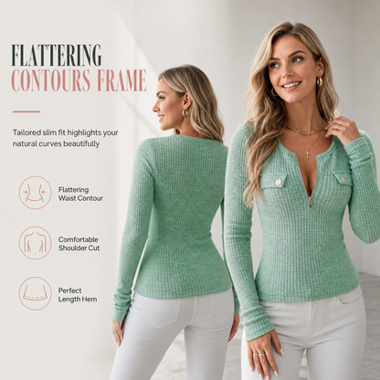🌸Hot Sale 50% OFF💖Women's Long Sleeve V-Neck Half Zip Knit Top